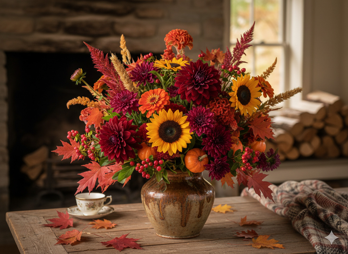 Autumn flower composition with warm tones