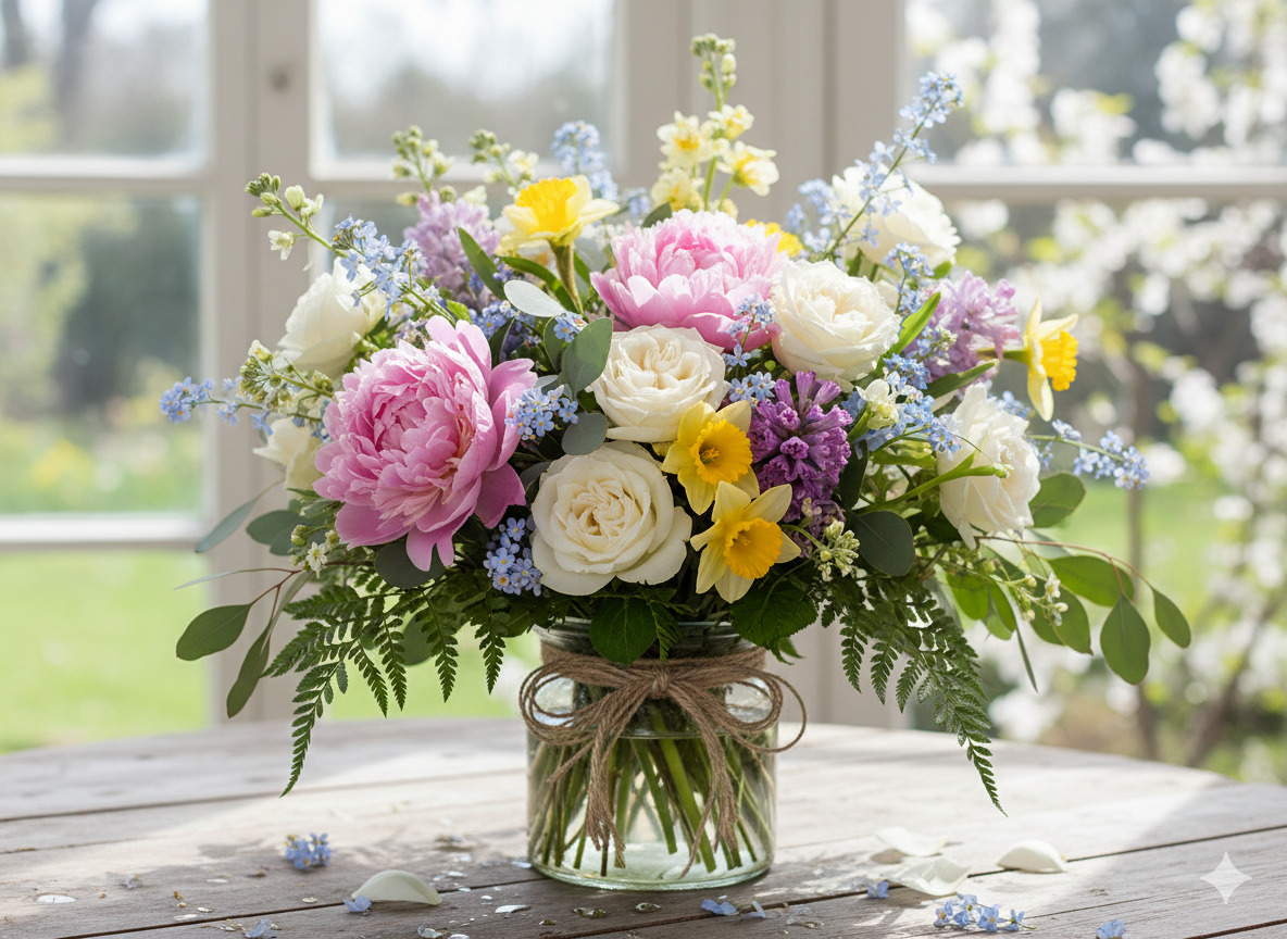 Spring seasonal bouquet with fresh blooms
